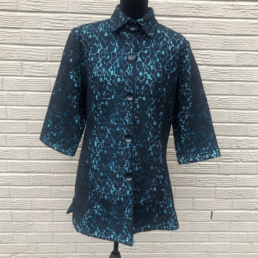 Shana K Turquoise with Black Lace Overlay Long Jacket Size L